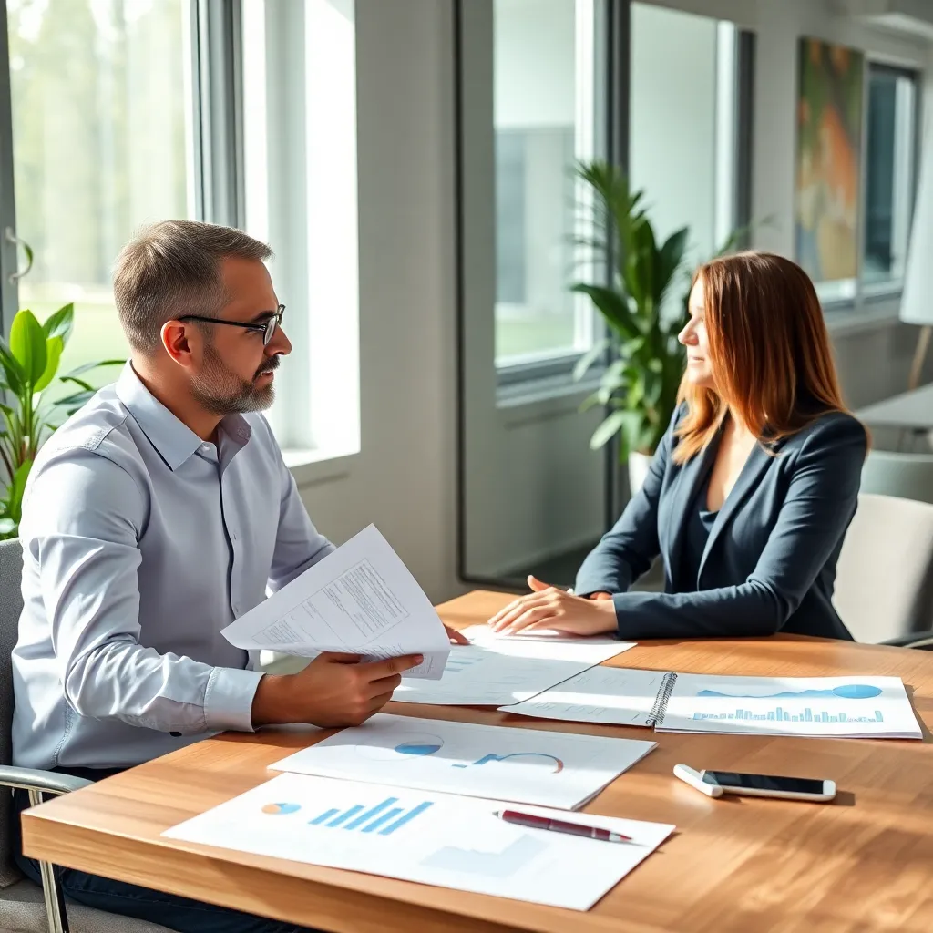Professionele financiële adviseur die financieel plan bespreekt met cliënt